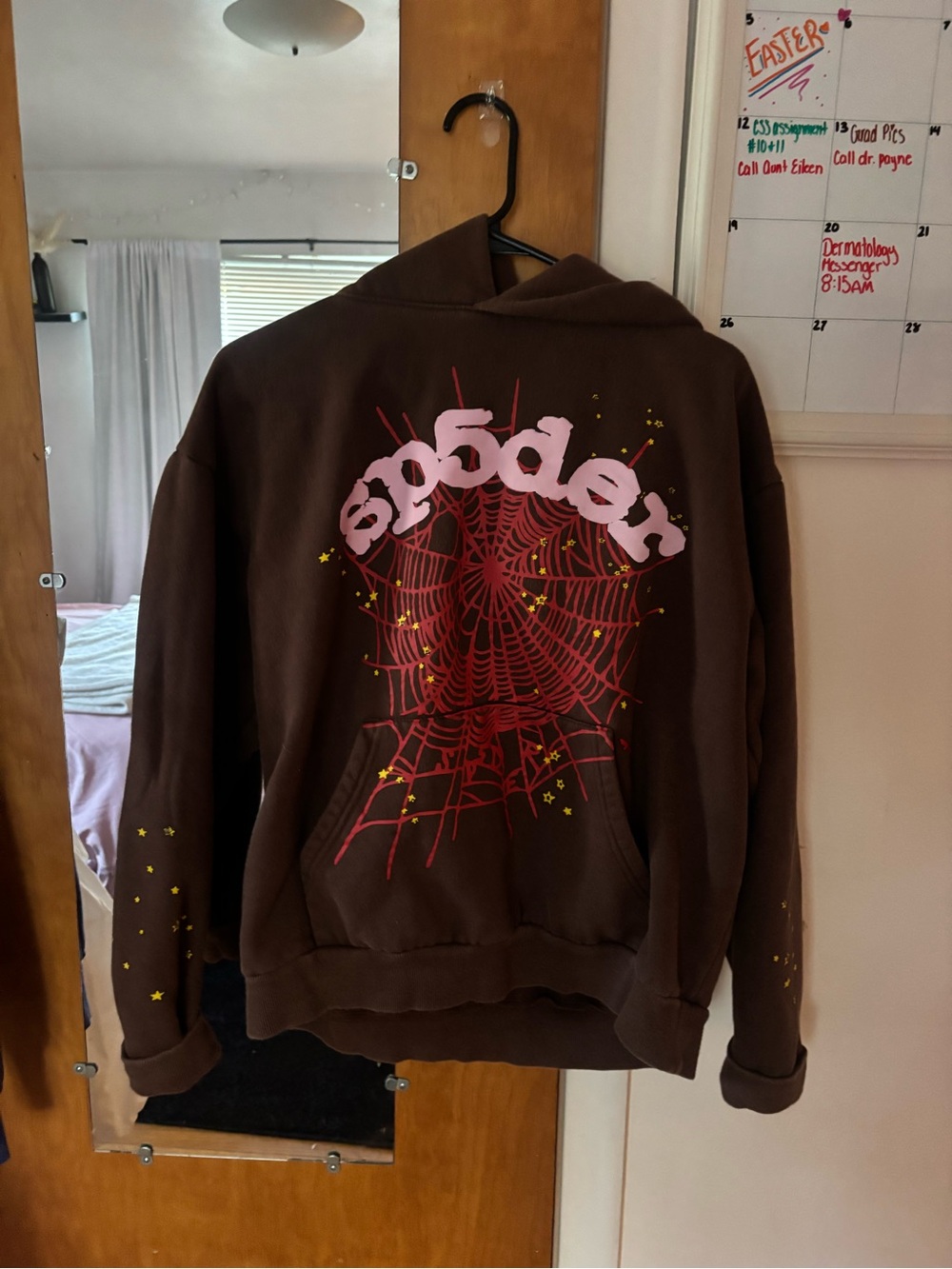 Brown Graphic Spiderweb Hoodie with Pink Logo